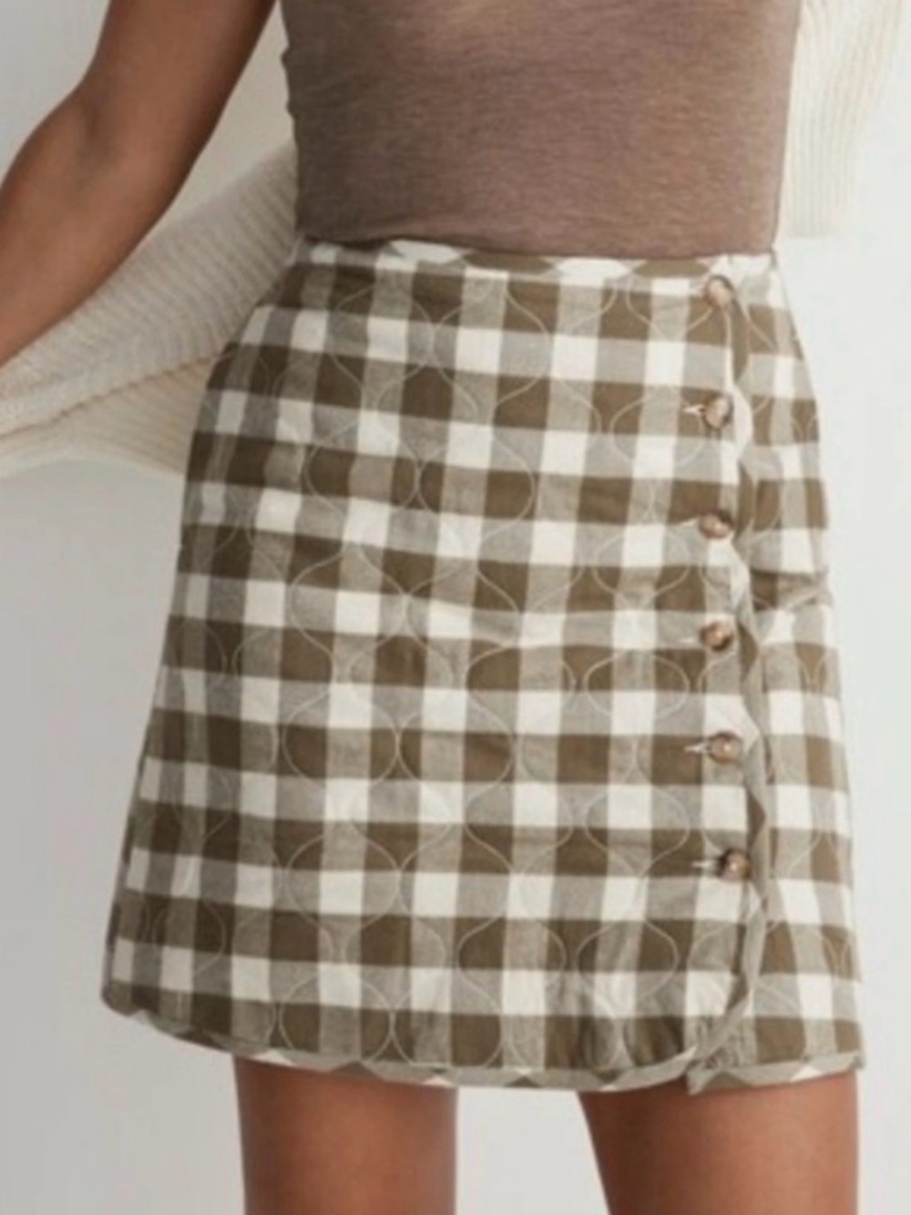 Madewell Quilted Mini Skirt Size 4 Olive Green Buffalo Check Button Front Wrap